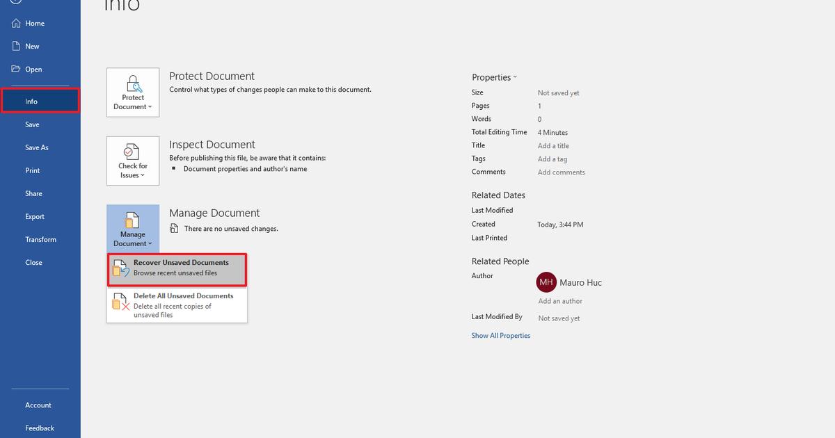 Khôi phục file Word đã mất bằng tính năng Recover Unsaved Documents